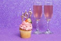 Cupcake With Number And Glasses With Wine For Birthday Or Anniversary Celebration Royalty Free Stock Photo