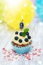 Cupcake with a numeral nine candle