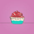 Cupcake one continuous line drawing vector illustration with colors. Tasty and delicious food concept with simplicity design