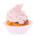 cupcake with pink whipped cream isolated on white background