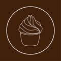 Cupcake pastry icon. Line art style creamy dessert isolated on dark brown background. Bakery design logo in round frame. Sweets