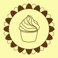 Cupcake pastry icon. Line art style creamy dessert isolated on light background. Bakery design logo in round frame. Sweets shop