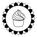 Cupcake pastry icon. Line art style creamy dessert isolated on white background. Bakery design logo in round frame. Sweets shop