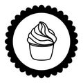 Cupcake pastry icon. Line art style creamy dessert isolated on white background. Bakery design logo in round frame. Sweets shop Royalty Free Stock Photo