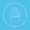 Cupcake pastry isolated icon. Line art style creamy dessert isolated on blue background. Bakery design logo in round frame. Sweets
