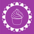 Cupcake pastry isolated icon. Line art style creamy dessert isolated on pink background. Bakery design logo in round frame. Sweets