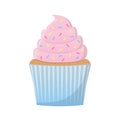 Cupcake with pink cream and decorative sprinkles. Color vector illustration in cartoon flat style. Isolated on a white