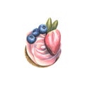 Cupcake with pink cream, strawberries and blueberries. Watercolor illustration. An isolated object from a large set of