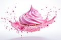 Cupcake with pink dripping frosting and splash on a white background. Generated by artificial intelligence Royalty Free Stock Photo