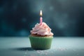 Cupcake with pink frosting and birthday candle. Generative AI Royalty Free Stock Photo