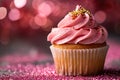 Cupcake with pink frosting and gold sprinkles sits on table. Generative AI Royalty Free Stock Photo