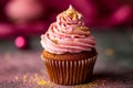 Cupcake with pink frosting and gold sprinkles on top. Generative AI Royalty Free Stock Photo