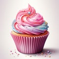 A cupcake with pink frosting and sprinkles, pink and blue colored whipped cream decor