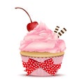 Cupcake with pink fruit cream, with a cherry on top and waffles, vector illustration. Drawing of dessert isolated on white backgro