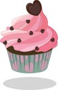 Cupcake pink icing decorated with chocolate heart in turquoise paper case. Vector illustration Royalty Free Stock Photo