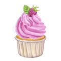 Cupcake pink sweet cream. Muffin, raspberry, mint. Food clipart. Postcard Valentine's Day. Hand drawn watercolor