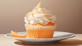 a cupcake on a plate with a slice of orange. generative ai Royalty Free Stock Photo