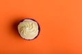 Cupcake in purple wrap on coral colour background. Minimal. Top view with copy space