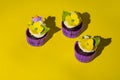 Cupcake in purple wrap on solid yellow background with strong shadow. Pop art. Trendy funky minimalist style