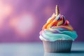 Cupcake with rainbow colored frosting and unicorn horn. Generative AI Royalty Free Stock Photo