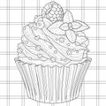 Cupcake with raspberries and decoration. Coloring book antistress for adults.