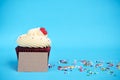 Cupcake with red heart, colorful sprinkles and brown note Royalty Free Stock Photo