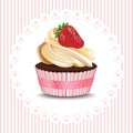 Cupcake on retro lace background. Vector realistic dessert. Summer delicious treats