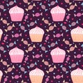 Cupcake seamless pattern. Bakery wrapping paper. Textile print, birthday decor and baby pattern design