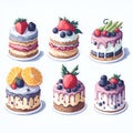 Set of six detailed Sticker of Watercolor cute cake with fruits watercolor Royalty Free Stock Photo