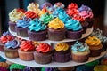 cupcake stand with colorful assortment of cupcakes