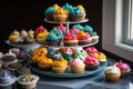 cupcake stand with colorful assortment of cupcakes