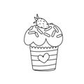 Cupcake with strawberry. Coloring page. Black and white Easter cake. Vector