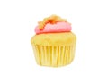 Cupcake with strawberry cream and brown sugar topping isolated on white background with clipping path or make selection. Royalty Free Stock Photo