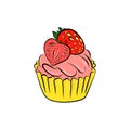 Cupcake with strawberry, hand draw, vector illustration