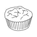 Cupcake style Doodle.Black and white image of baking.Monochrome.Outline drawing by hand.Sweet confectionery products.Vector image