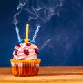 Cupcake with three blown out candles on top Royalty Free Stock Photo