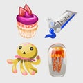Cupcake, toothpaste, toy and octopus