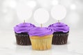 Cupcake Topper Mockup with Purple Frosted Cupcakes