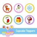 Cupcake Toppers. Set of six round pictures. Christmas theme. Cartoon characters. Cute image. For birhday, party, baby shower