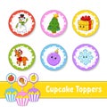 Cupcake Toppers. Set of six round pictures. Christmas theme. Cartoon characters. Cute image. For birhday, party, baby shower