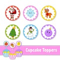 Cupcake Toppers. Set of six round pictures. Christmas theme. Cartoon characters. Cute image. For birhday, party, baby shower