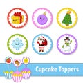 Cupcake Toppers. Set of six round pictures. Christmas theme. Cartoon characters. Cute image. For birhday, party, baby shower