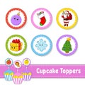 Cupcake Toppers. Set of six round pictures. Christmas theme. Cartoon characters. Cute image. For birhday, party, baby shower