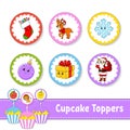 Cupcake Toppers. Set of six round pictures. Christmas theme. Cartoon characters. Cute image. For birhday, party, baby shower