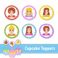 Cupcake Toppers. Set of six round pictures. Lovely smiling girls. Cartoon characters. Cute image. For birhday, party, baby shower