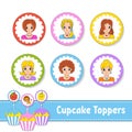 Cupcake Toppers. Set of six round pictures. Lovely smiling girls. Cartoon characters. Cute image. For birhday, party, baby shower