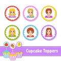 Cupcake Toppers. Set of six round pictures. Lovely smiling girls. Cartoon characters. Cute image. For birhday, party, baby shower