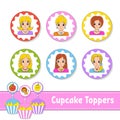 Cupcake Toppers. Set of six round pictures. Lovely smiling girls. Cartoon characters. Cute image. For birhday, party, baby shower