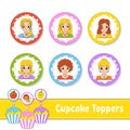 Cupcake Toppers. Set of six round pictures. Lovely smiling girls. Cartoon characters. Cute image. For birhday, party, baby shower