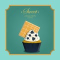 Cupcake in a retro style with a geometric background and retro elements. Vector greeting card for a birthday or holiday Royalty Free Stock Photo